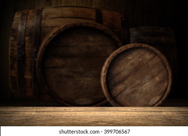 Background Of Barrel And Worn Old Table Of Wood