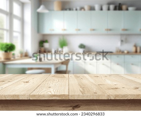 Background of a beautiful and bright kitchen with desk for objects