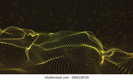 Background big data visualization futuristic technology. Abstract Music background. Beautiful motion waving dots texture with glowing defocused particles.The glow of a fractal element in a futuristic