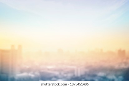 Background Of Big Town Concept: Abstract Blur Aerial View City On Twilight Color Sky And Clouds Cityscape Autumn Sunrise. Bangkok, Thailand, Asia