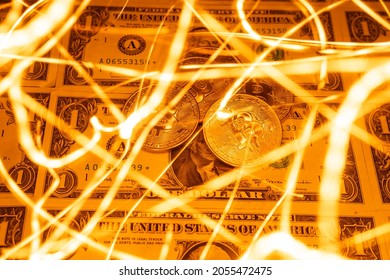 Background with Bitcoin cryptocurrency coins on one US Dollar. Virtual cryptocurrency concept. Bitcoin BTC cryptocurrency coins and banknotes of one US Dollar. BTC vs USD