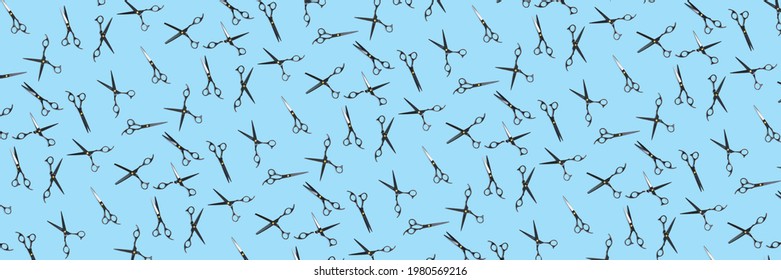 Background Of Black Scissors. Professional Hairdresser Black Scissors Isolated On Blue. Black Barber Scissors, Close Up. Pop Art Background, For Prints Or Posters. Not Seamless Pattern