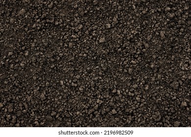 Background Black Soil Texture Ground Close Up. Ukrainian Organic Soil Ground Earth Texture Dark Design. Organic Farm Soil Background Top View From Above. Humus. Agriculture