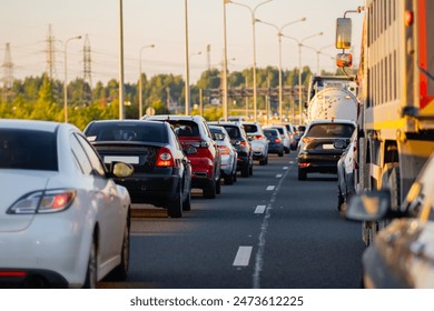 Background, bluer, blurred focus. Traffic jams on the highway during the holidays. Departure from the city for the weekend outside the city. - Powered by Shutterstock