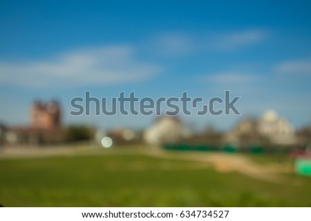 Background blur texture landscape field, blue sky, road, home, people and auto, background for design