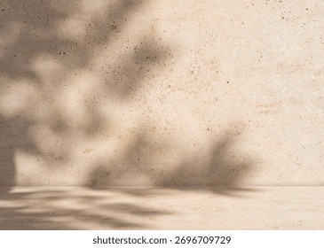 Background In Brown Studio With Podium, Soft Shadow And White Product Display, Spring And Summer 3D Scene With Warm Light, Cream Gradient Wall And Texture For Cosmetic Mockup And Advertising