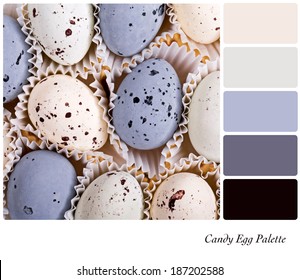 A Background Of Candy Eggs In A Colour Palette With Complimentary Colour Swatches