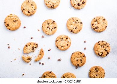 Background With Chocolate Chip Cookies. Flat Lay. Top View.