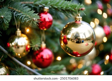 Background from a Christmas tree decorated in red and gold color close-up. Greeting card from a Christmas tree with red decorations and copy space. Details of a decorated Christmas tree with a frame f - Powered by Shutterstock