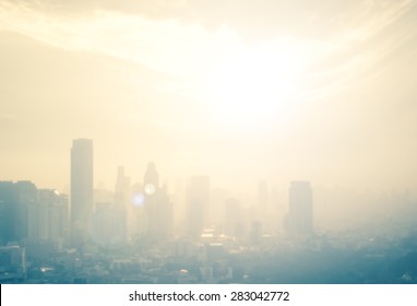 Background Of Cityscape Concept: Blur Aerial View Building Big City On Amazing Golden Warm Light At Sunrise. Bangkok, Thailand, Asia