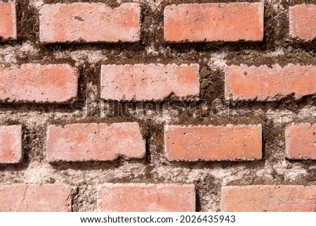 Background of clay bricks with moss and cement between the boards.