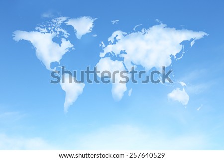 background of clear blue sky with world map in clound shape