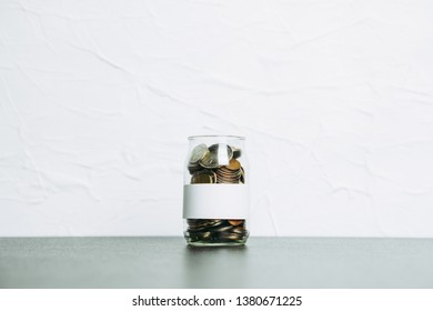 Background Of Coins Stacks In Pig Jar With Empty Label Banner Profession Business Saving Plan For Family Invest Long-term In Retirement Real Estate, Wealth Management Investment 