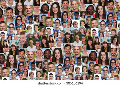Background collage large group portrait of multiracial young smile smiling people social media