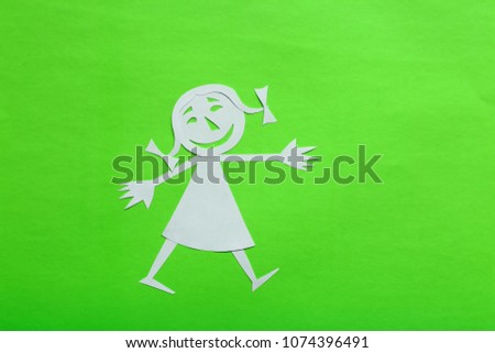 
background of colored cardboard. the girl is made of white paper. in the style of a funny cartoon.