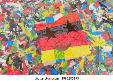 Background of colored sticky tape. Children's creativity. Craft from cardboard boxes