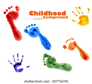 Background of colorful foot fnd hands prints isolated on white background