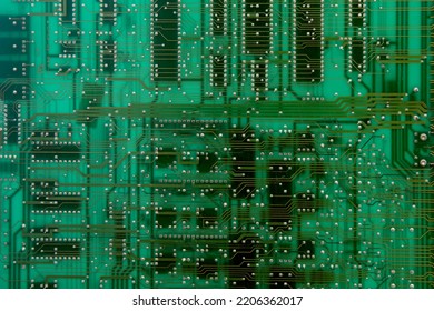 Background Of Computer Circuit Board Closeup, Green Color Texture