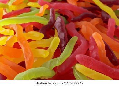 Background concept. Multicolored sweets, candy or lollies. Jelly treats. Unhealthy eating habits, with high sugar, artificial color and flavors. Copy space