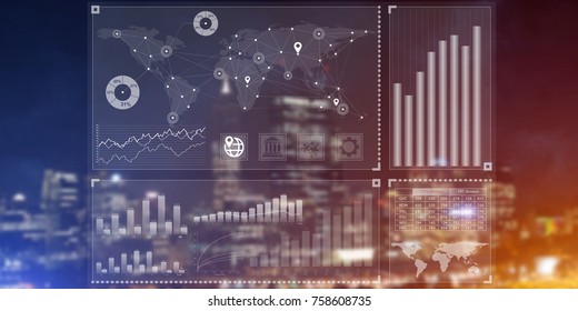 Background conceptual image with virtual interface against night glowing city
