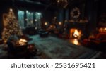 Background of dark home interior decorated on Christmas holidays, living room with fireplace and Christmas tree at night. Concept of xmas, house, decor. 