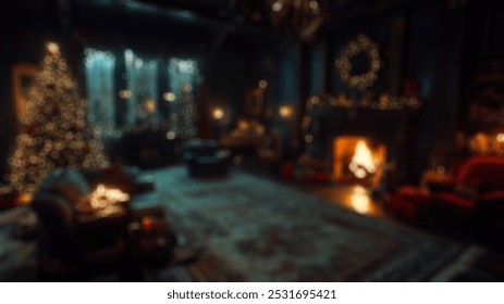 Background of dark home interior decorated on Christmas holidays, living room with fireplace and Christmas tree at night. Concept of xmas, house, decor.  - Powered by Shutterstock