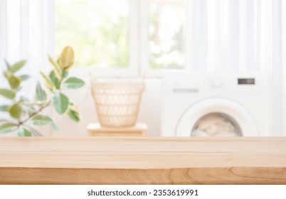 Background for design with empty table on blur laundry room