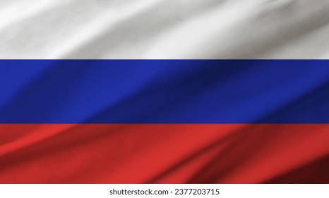 Background detail of Russian flag occupying the entire frame with waving fabric texture.