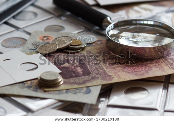 Background from different coins and old banknotes,\
top view