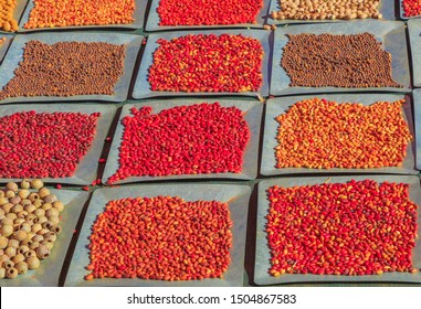 Background With Different And Colorful Bush Seeds. Australia Bush Food Eaten By Australian Aborigines. Northern Territory.