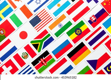 Background of different colorful national flags of the world. Diagonal collage