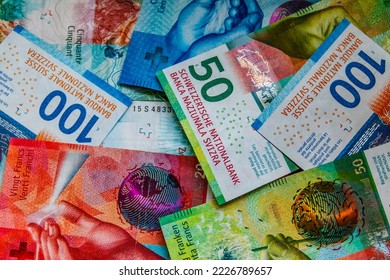 Background of the different swiss francs banknotes - Shutterstock ID 2226789657
