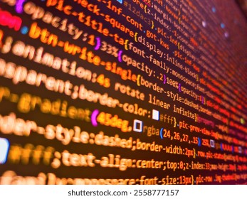 Background of digital binary code, program code, blurred abstract technological background of a software developer and computer script, business analytics, modern technologies. Financial risks.