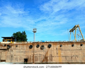 background dock yard with double crane and blue sky