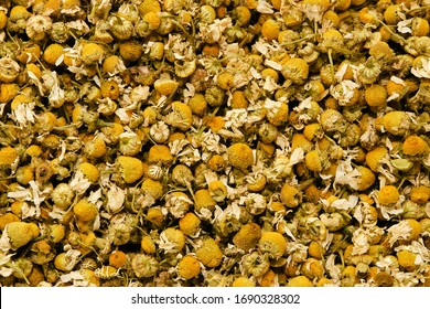Background of dry chamomile. Matricaria chamomilla.