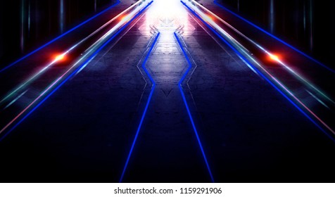 Background of an empty black corridor with neon light. Abstract background with lines and glow