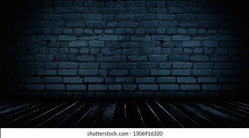 Background of empty brick old wall, wooden floor, spotlight, neon light, smoke