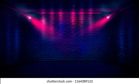 Background of an empty corridor with brick walls and neon light. Brick walls, neon rays and glow