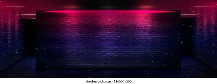 Background of an empty corridor with brick walls and neon light. Brick walls, neon rays and glow