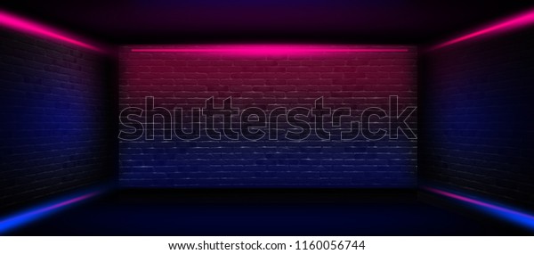 Background of an empty corridor with 3d brick walls and neon light 