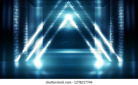 Background of empty dark room with brick walls, illuminated by neon blue lights with laser beams, smoke