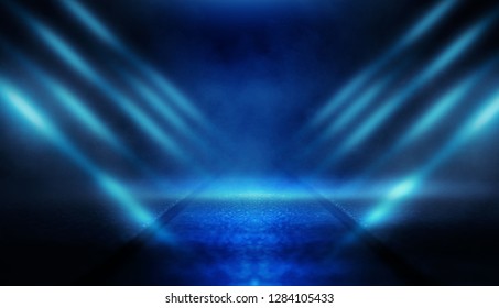 Background of empty dark room with rays of light. Concrete floor with light reflection. Smoke, neon blue light