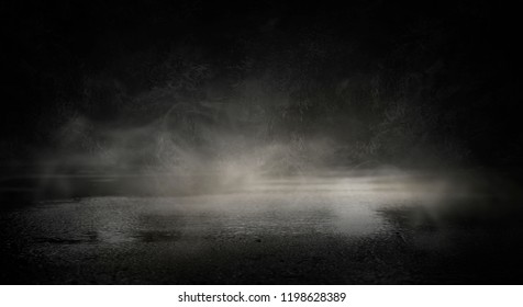 Background of an empty dark room. Empty walls, lights, smoke, glow, rays