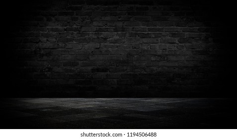 Background of an empty room with a brick wall, cracks, searchlight lights, neon light.