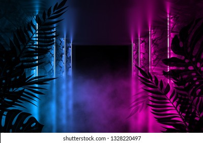 Background of an empty room with brick walls and neon lights. Silhouettes of tropical leaves, colorful smoke - Powered by Shutterstock