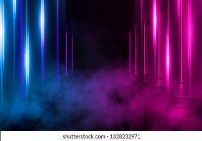 Background of an empty room with brick walls and neon lights, laser lines and multi-colored smoke - Shutterstock ID 1328232971
