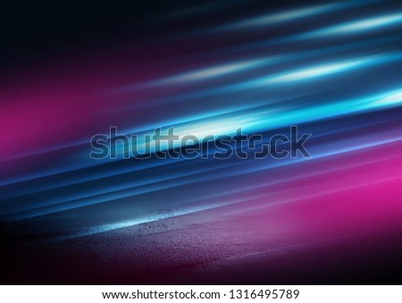 Background of empty room with concrete pavement. Blue and pink neon light. Smoke, fog, wet asphalt with reflection of lights