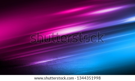 Background of empty room with concrete pavement. Blue and pink neon light. Smoke, fog, wet asphalt with reflection of lights