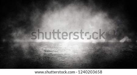 Background of empty room, street, neon light, bokeh, smoke, fog, asphalt, concrete floor
