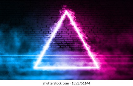 Background empty scene, room. Reflection on wet asphalt, concrete. Neon blurry lights. Neon triangle shape on brick wall background, smoke